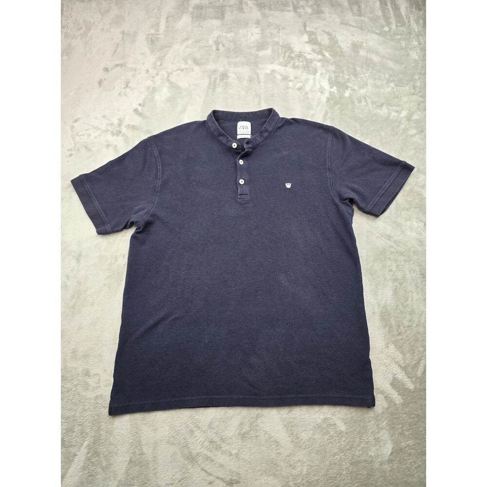 ​ZARA Polo Shirt Mens XL Navy Blue Band Collar Short Sleeve Grandad Henley Logo